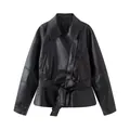 Premium women's short faux leather jacket in black featuring an adjustable waist belt - S / Black