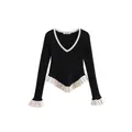 Black V-neck long sleeve knit top with white contrast ruffle hem and cuffs - S / Tops / Black