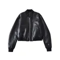 Vintage black faux leather bomber jacket for women featuring ribbed cuffs and zip closure - S / Tops / Black