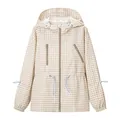 Classic retro beige gingham plaid hooded windbreaker jacket with adjustable drawstrings - S / Tops / Apricot