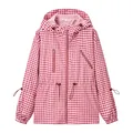 Detailed view of a pink and white gingham hooded windbreaker jacket with drawstrings. - S / Tops / Red