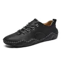 Classic black leather casual men's lace-up flat shoe featuring hand-stitched detailing - 38 / Black