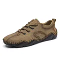 Men's casual brown leather flat shoes with stylish rope laces and stitching details - 38 / Khaki