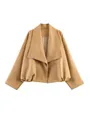 Stylish women's loose khaki faux suede cropped jacket with large lapels and bubble hem - S / Tops / Khaki