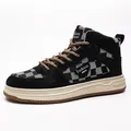 Retro high-top checkerboard men's sneakers with thick laces on white background - 39 / High Top Board Shoes (JX-D56) / Black