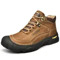 Heren bruine lederen outdoor wandelschoenen hoog model met warme voering en dikke zool - 38 / Lichtbruin (Enkele Schoen)