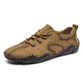 Men's casual brown leather shoes featuring a minimalist lace-up design and flat black sole - 38 / Yellow Brown
