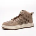 Premium brown vintage men's high-top sneakers with checkered canvas and lace-up design - 39 / High Top Board Shoes (JX-D56) / Brown