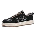 Retro men's black and white checkered board shoes with suede finish and beige rubber sole - 40 / High Top Board Shoes (JX-D55) / Black
