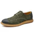 Vintage men's casual green suede brogue shoes with decorative perforation and tan sole - 38 / Green