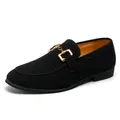 Classic black suede men's loafers with gold horsebit buckle, British style slip-on shoes - 38 / Loafers (QM-0068) / Black