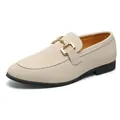 Elegant beige suede loafers for men featuring a classic gold horsebit buckle detail on white background - 38 / Loafers (QM-0068) / Brown