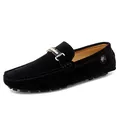 Men's stylish black suede loafers with elegant metal buckle detail on white background - 35 / Style 2059 / Black