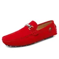 Premium red suede men's loafers featuring classic slip-on design and metal buckle - 35 / Style 2059 / Red