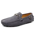 Classic dark gray suede men's slip-on loafers with a stylish metal buckle detail. - 35 / Style 2059 / Gray