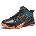 Heren mid-top basketbalschoenen met kleurgeblokte lederen bovenkant en dikke zool - 36 / Zwart Oranje Groen