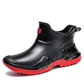 Fashionable waterproof short rain boots with red thick sole for men and women - 36 / Black Red