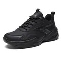 All-black trendy faux leather low-top platform sneakers for men and women running - 36 / Black and Gray