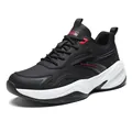 Trendy black leather low-top running shoes with comfortable thick soles and red accents - 36 / Black Red