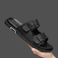 Premium black double-strap men's sandals with adjustable metal buckles for summer - 40 / Double Strap Buckle Slides (M620) / Black