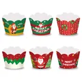 Gedetailleerd overzicht van zes feestelijke kerstcupcake-wikkels met kerstman-ontwerpen - Taart Wrapper Type A / Set van 6