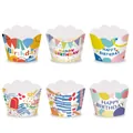 Set van 6 kleurrijke Happy Birthday cupcake wrappers met levendige geometrische patronen - Verjaardagstaart Wrapper Stijl B / Set van 6