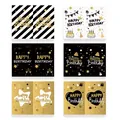 Elegante set di 6 biglietti d'auguri creativi Happy Birthday in nero oro e bianco - Biglietto Compleanno Nero Oro 06 / 6 Biglietti 6 Buste 6 Adesivi