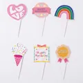Set of 6 colorful cartoon birthday cake toppers with rainbow and heart pattern designs - Birthday Cake Topper Style B / Set of 6