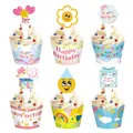 Creative Happy Birthday cupcake wrappers and toppers set with 6 diverse festive designs - Cake Topper And Wrapper Set A / Set of 6