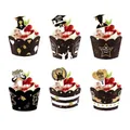 2024 Graduation party cupcake wrappers and decorative toppers set in black and gold glitter - Graduation Cake Wrapper and Topper Set / Black