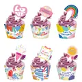 Colorful birthday cupcake wrappers and toppers set with Happy Birthday text - Cake Topper And Wrapper Set B / Set of 6