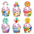 Assorted set of six colorful cartoon birthday cupcake toppers and decorative paper wrappers - Cake Topper And Wrapper Set C / Set of 6