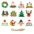 Set of festive Christmas paper tags with Santa and reindeer designs and jute twine string - Hanging Tag Style A / Set of 12