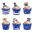 Set of six blue and gold graduation cupcake wrappers and toppers with glittery details - Blue