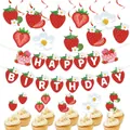 Aardbei thema verjaardagsfeest decoratieset met rode slinger en cupcake toppers - Banner Spiraal Topper Combo