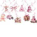 Collection of pink Christmas spiral hanging ornaments featuring cute festive illustrations. - Pink Christmas Spiral Hanging