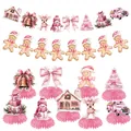 Set completo de decoración de fiesta de Navidad rosa con adornos festivos de panal - Navidad Rosa Nido Abeja + Pancarta Jengibre + Pancarta Muñeco Nieve