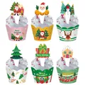 Set of 6 Christmas-themed cupcake wrappers and decorative toppers for holiday party - Wrapper + Topper Style B