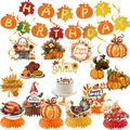 Thanksgiving and birthday party decoration set with pumpkin banner and turkey toppers - Thanksgiving Honeycomb A + Birthday Banner + Swirl + Large Topper (Thanksgiving Honeycomb A + Birthday Banner + Swirl + Large Topper)