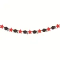 Afstudeerfeest decoratie banner met glitter rode sterren en zwarte afstudeerhoedjes - Glitter Graduatie Banner (Zwarte Hoed + Rode Ster) / Zwart/Rood
