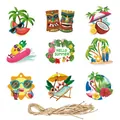 Vibrant Hawaii summer party decoration tags set with flamingo pineapple and tiki patterns - Hawaiian Themed Hanging Ornaments / 9 Pieces Set