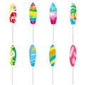 Set of 8 Hawaii surfboard cake toppers with tropical palm and sun patterns for summer party - Surfing Theme Cake Toppers / Set of 8