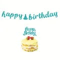 Groenblauwe glitter Happy Birthday slinger en taarttopper set voor feestjes - Verjaardagsbanner en Taarttopper Combo / Blauw