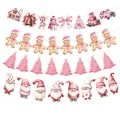 Vista detallada del juego de guirnaldas rosas de Navidad con gnomos, árboles y jengibre. - Set de Pancartas de Navidad Rosa