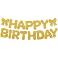 Premium gouden glitter Happy Birthday-banner met elegante strikjes voor feestversiering - Strik Happy Birthday Banner / Goud