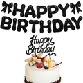 Zwarte glitter Happy Birthday slinger set met strikjes en bijpassende taarttopper - Banner en Topper Set / Zwart