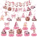 Pink Christmas party decoration set with gnomes, hanging ornaments and honeycomb centerpieces - Banner Spiral And Honeycomb Combo