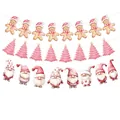 Pink Christmas banner set with gingerbread men, trees, and gnomes for party decor. - Santa Gingerbread Tree Banner Combo