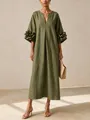 Elegant olive green linen maxi dress with 3D flower sleeves and a chic V-neck design - S / Dresses / Army Green