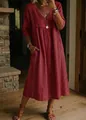 Full view of a boho red linen midi dress with V-neck and delicate lace embroidery details. - S / Red